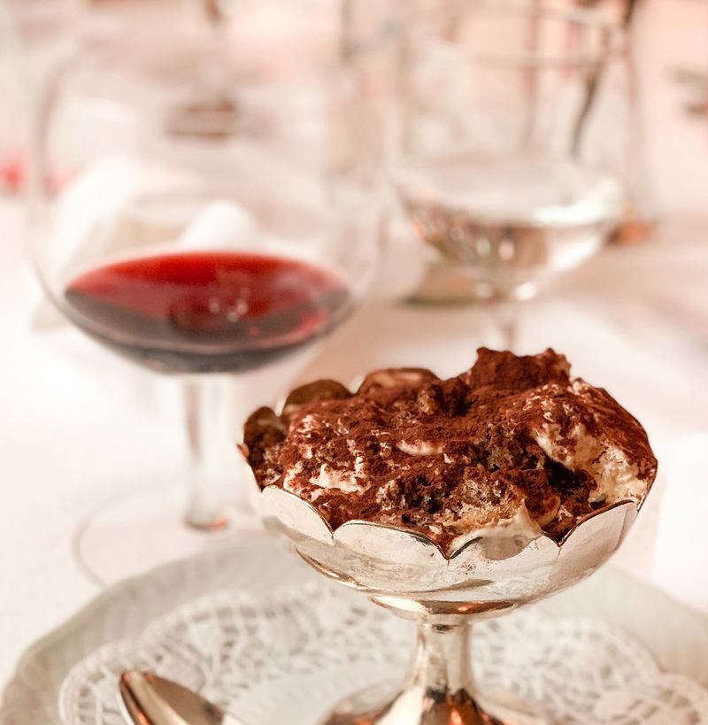 chocolate and cream dessert paired with red sticky port wine